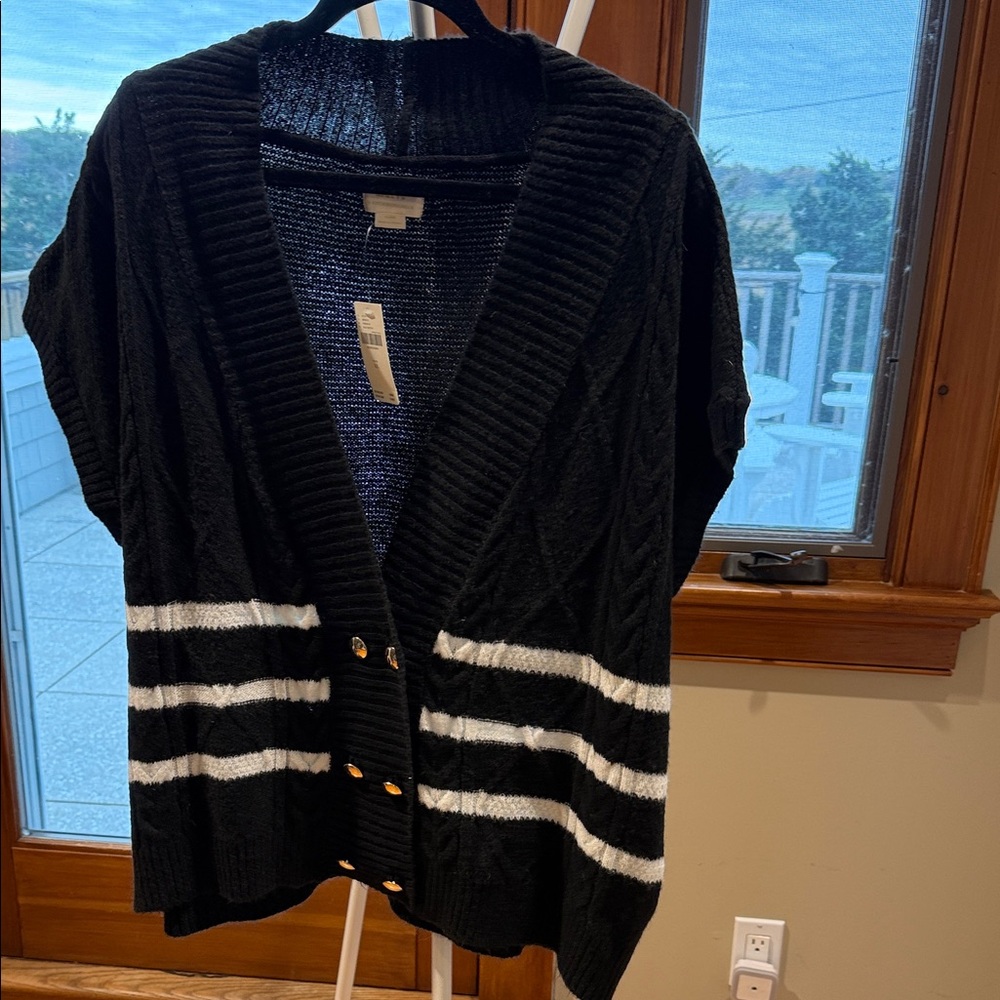 Black cardigan/vest with White Stripes